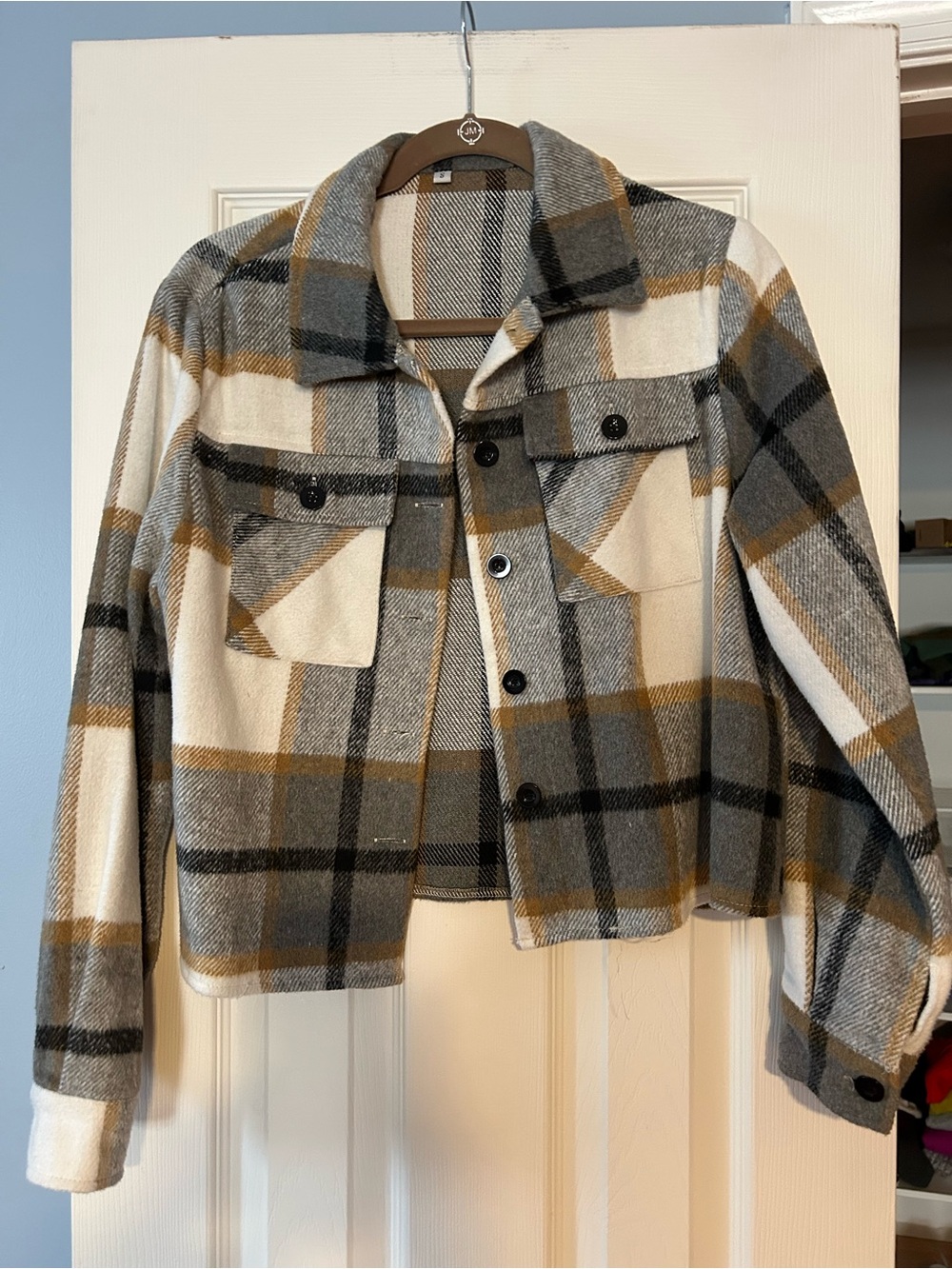 Womens Plaid Button-Front Jacket in Cream, Gray & Tan